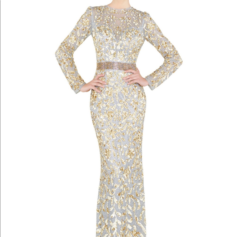 Mac Duggal sequin long sleeve gown with open back